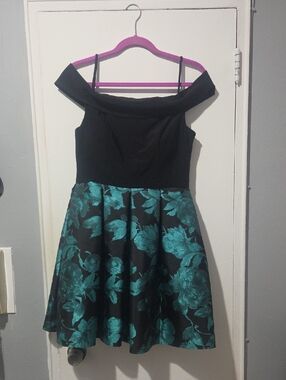 Black Off-Shoulder Dress with Teal Floral Skirt
